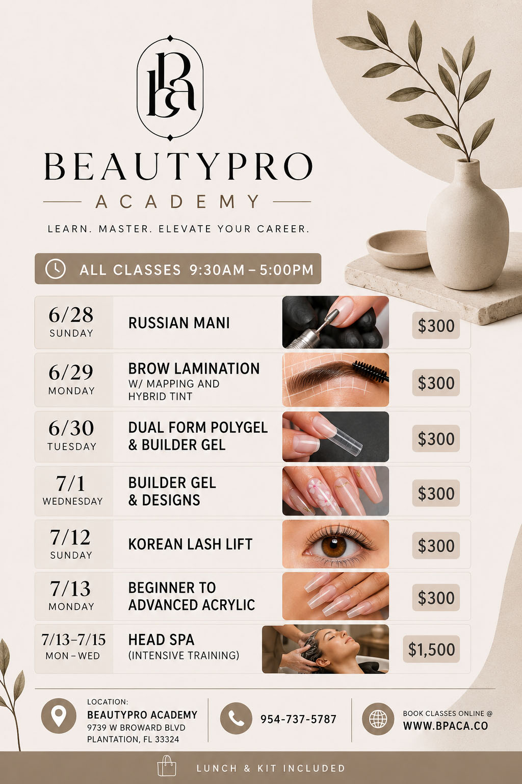 Summer 2026 Class Schedule — class flyer from Beauty Pro Academy